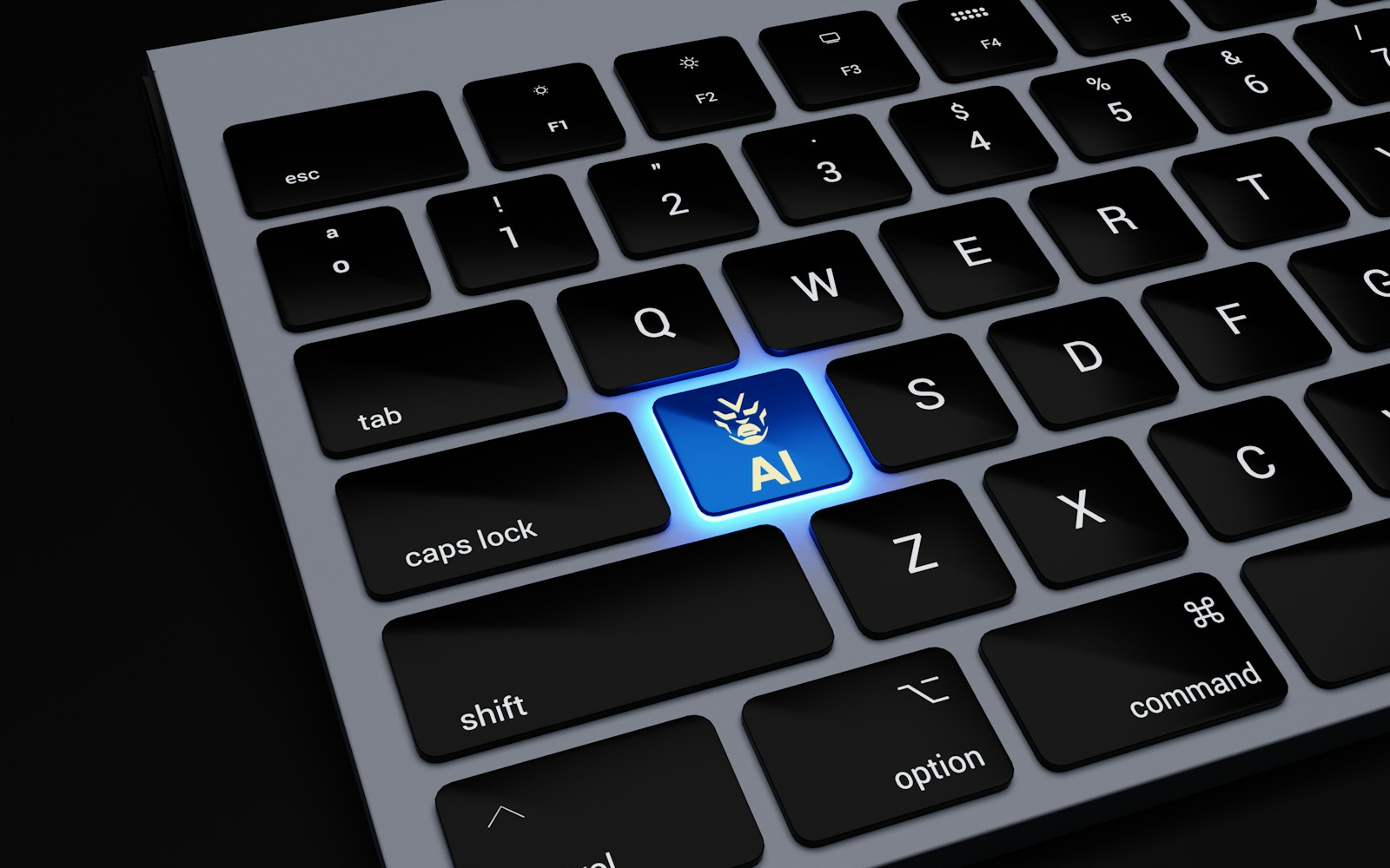 a close up of a keyboard with a blue light on it