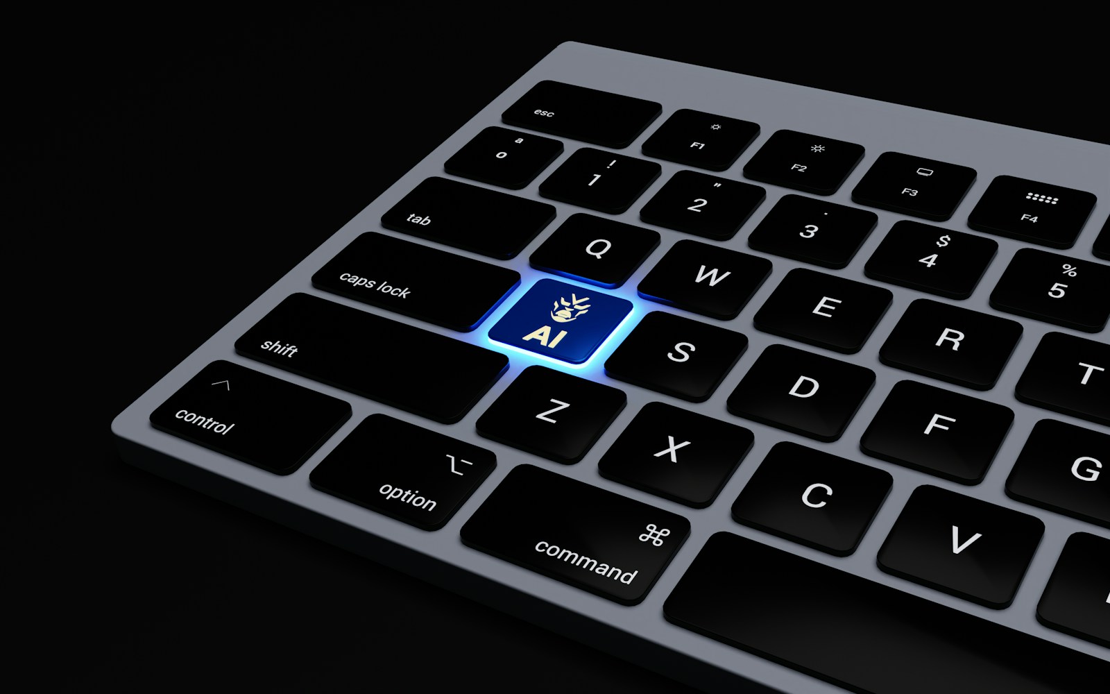 a close up of a keyboard with a blue button